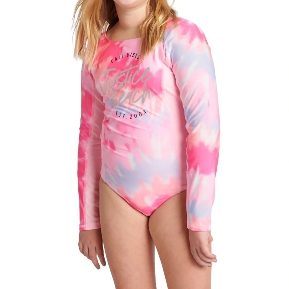 Justice girls one piece long sleeve rashguard swimsuit size XS 5/6